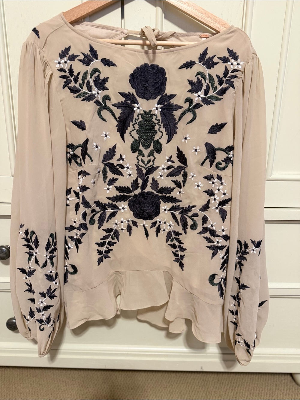 Free People Beige Boho Embroidered Long Sleeve Blouse
